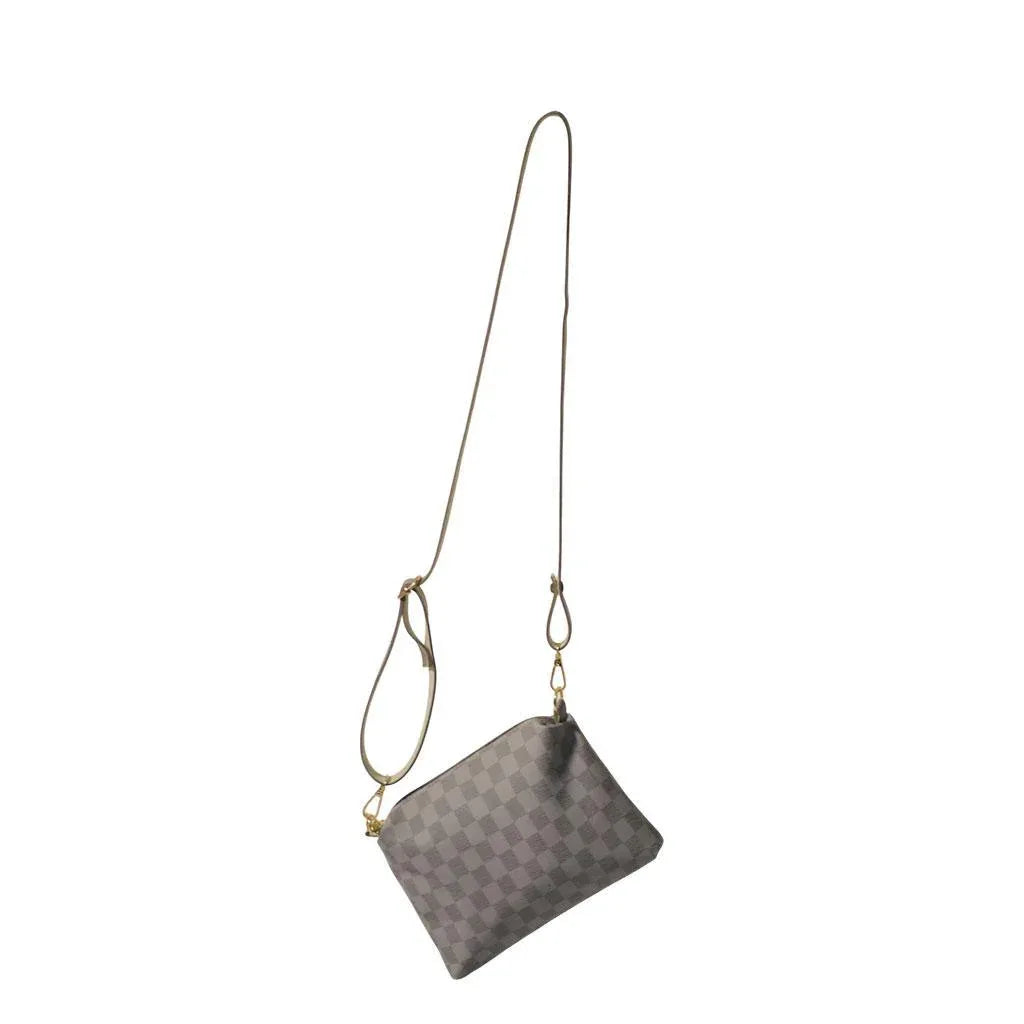 Gray patterned crossbody bag with a long strap on a white background