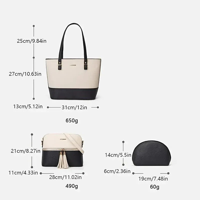 Measurement chart of a handbag with dimensions and weight on a white background