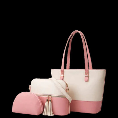 Set of pink and white handbags on a black background