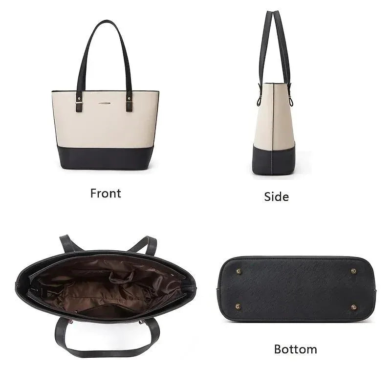 Black and beige handbag shown from front, side, and bottom angles on a white background.