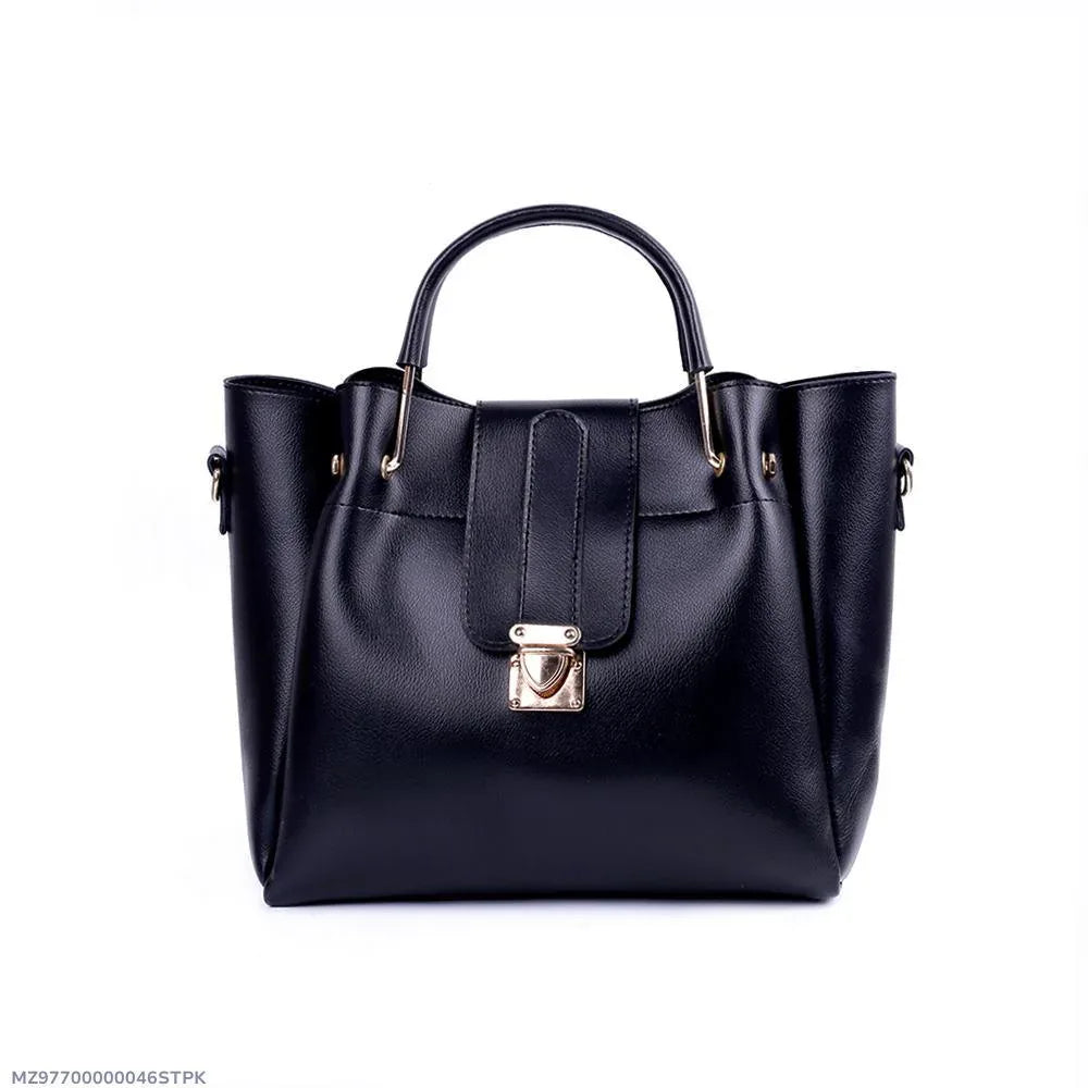 Black handbag with a gold clasp on a white background