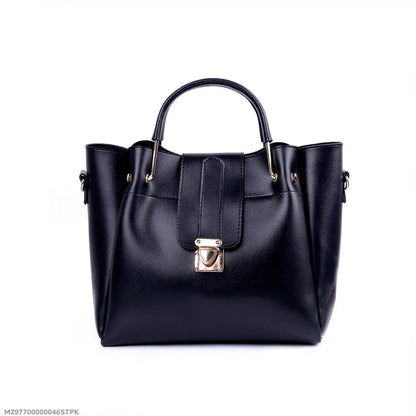 Black handbag with a gold clasp on a white background