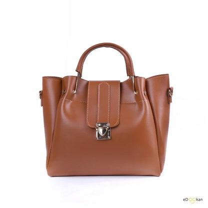 Brown handbag with a silver lock on a white background