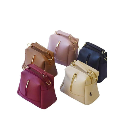 Five handbags in different colors on a white background