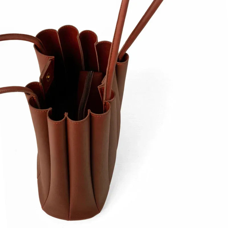 Women's PU Leather Textured Hand Bag - Brown | 2 Pcs Set with Makeup Pouch