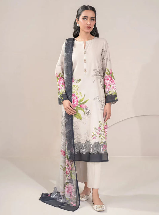 Woman wearing a floral embroidered outfit with a plain background