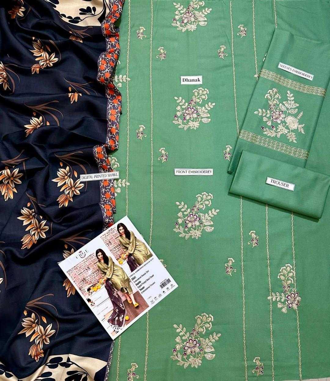 Green fabric with floral embroidery and a navy fabric with floral patterns, alongside promotional material.