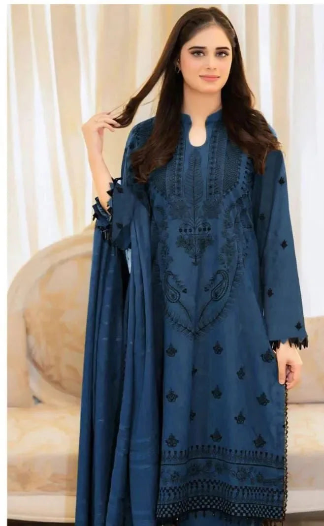 Premium 3 Pcs Unstitched Embroidered Dhanak Suit - SHOPITX