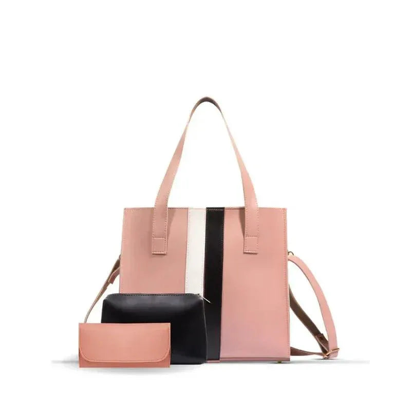 Pink handbag with black and white accents on a white background