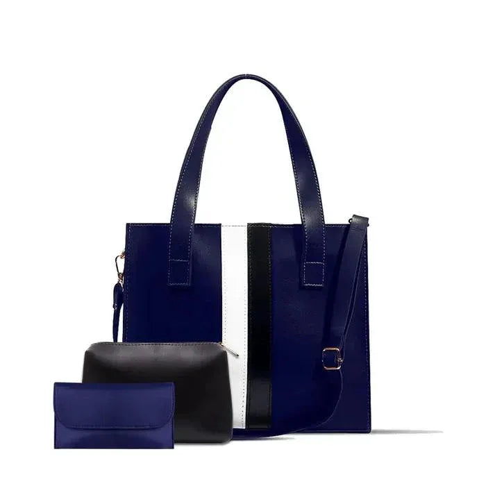 Navy blue handbag with matching pouch on a white background