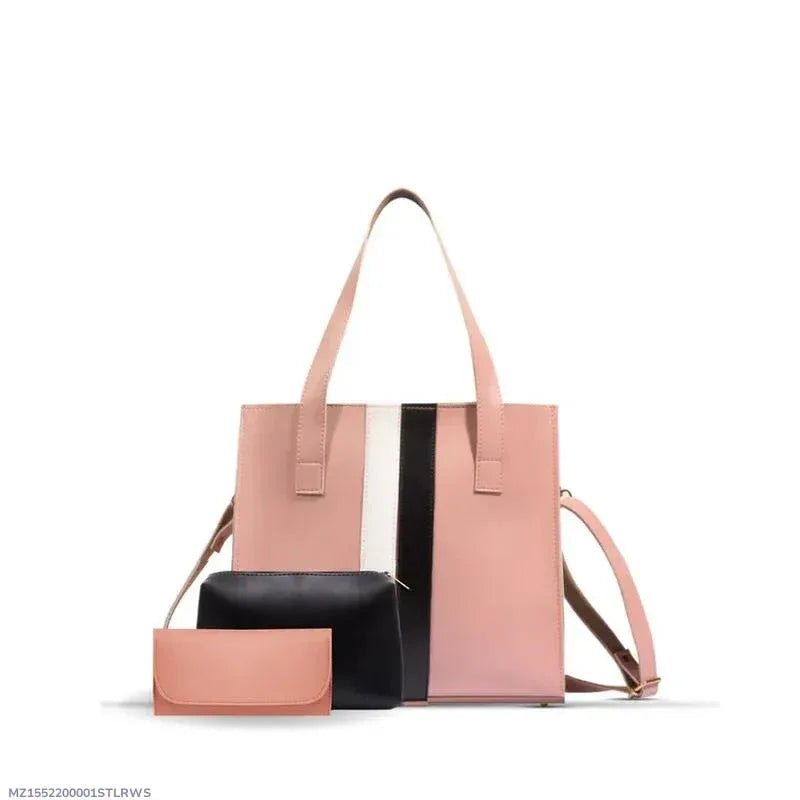 Pink handbag with a black stripe on a white background