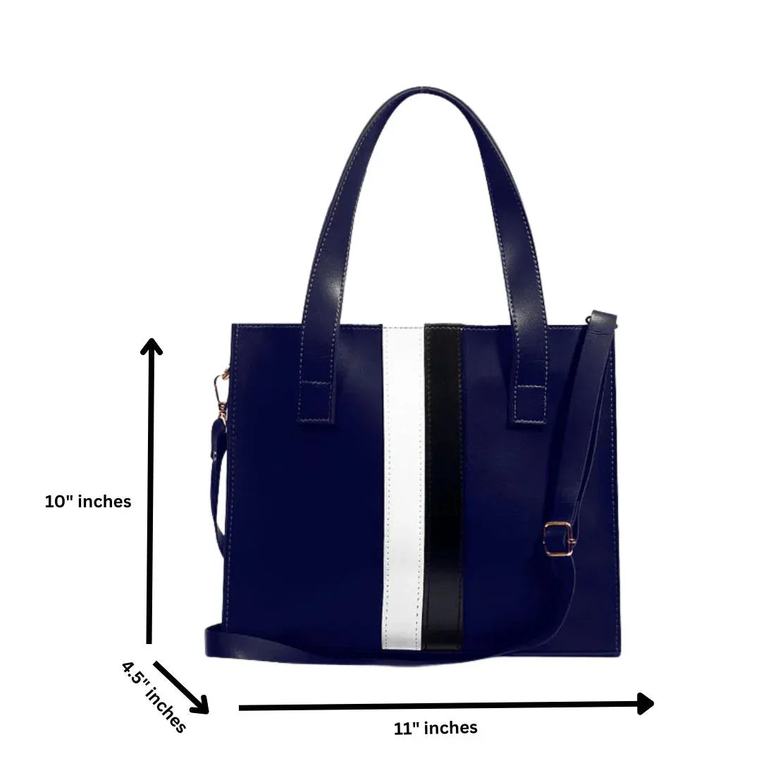 Navy blue handbag with white stripe and black accents, shown with measurements on a white background.