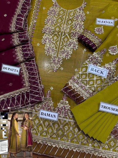 Sari with dupatta, daman, and trousers labeled on a yellow fabric background