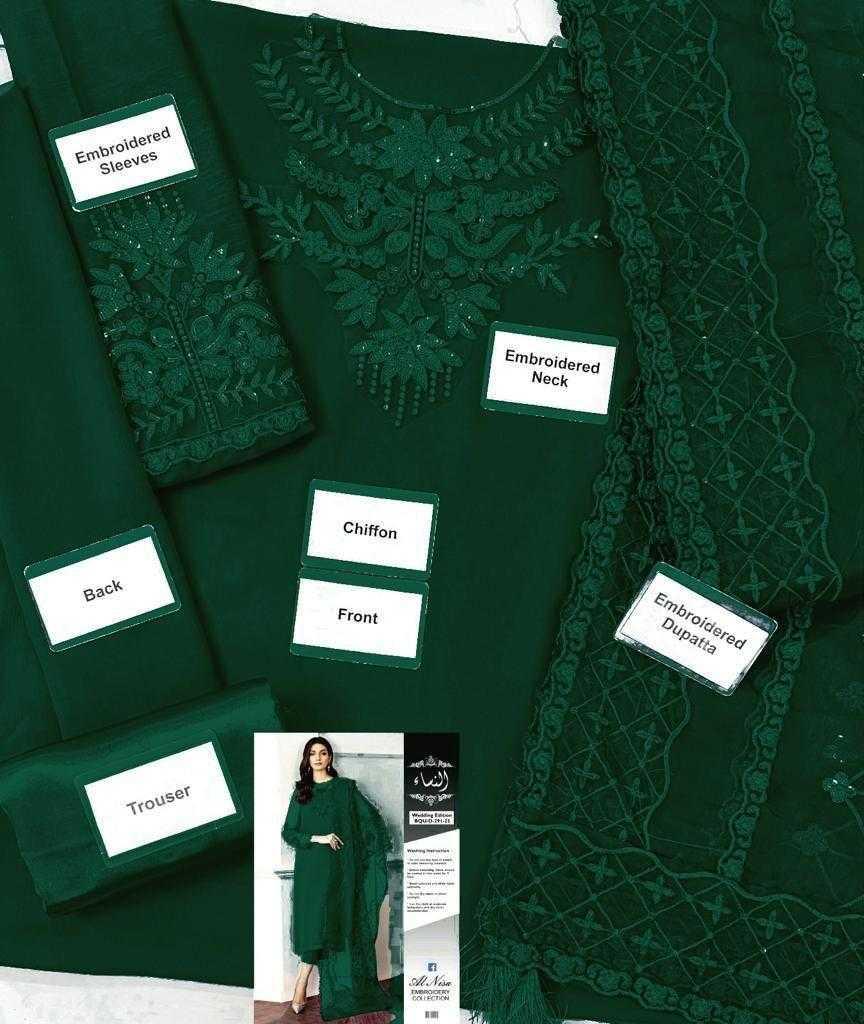 Green embroidered garment with labeled parts and a model wearing the garment.