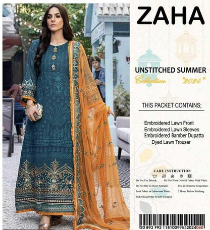 Woman wearing a traditional outfit with embroidered patterns, standing outdoors. Zaha brand packaging is visible on the right.