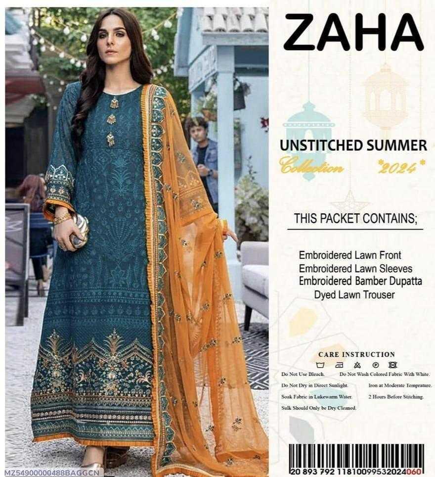 Woman wearing a traditional outfit with embroidered patterns, standing outdoors. Zaha brand branding visible.