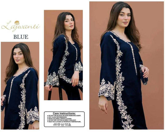 Navy blue outfit with white embroidery on a brown background, featuring the brand 'Lajwanti'.