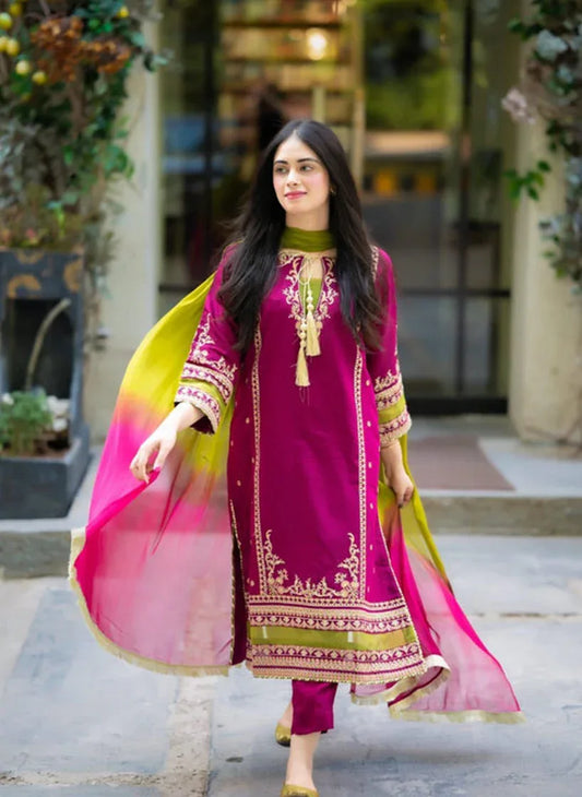 3 Pcs Embroidered Lawn Suit - Magenta | Unstitched Premium Collection