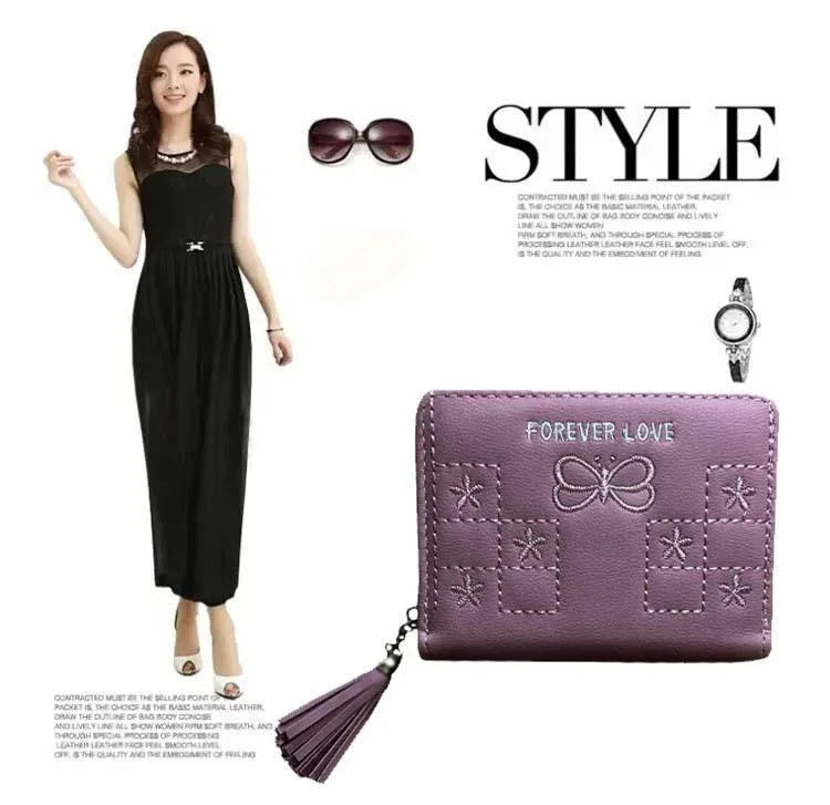 Woman in black dress with purple wallet, sunglasses, and watch on white background