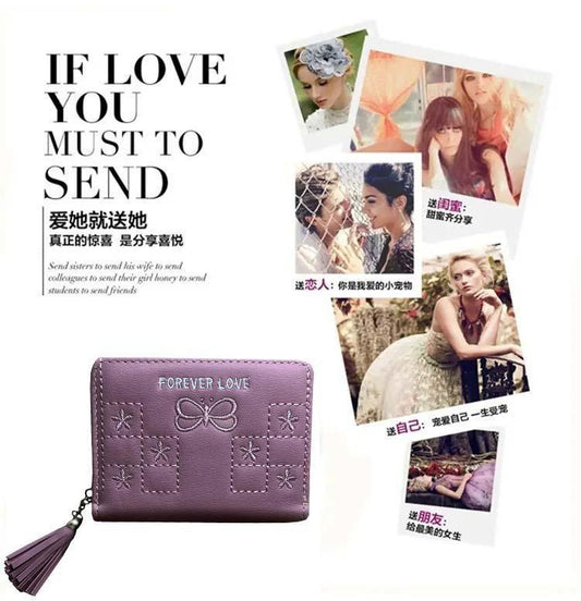 Purple wallet with 'Forever Love' text and tassel, surrounded by small photos and text on a white background.