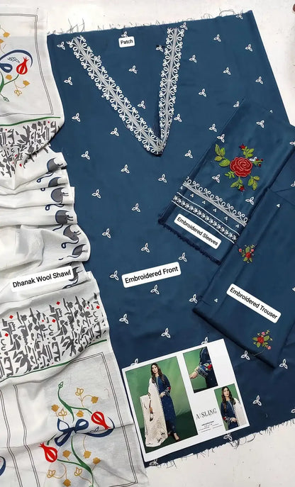 Collection of embroidered clothing and accessories on a white background