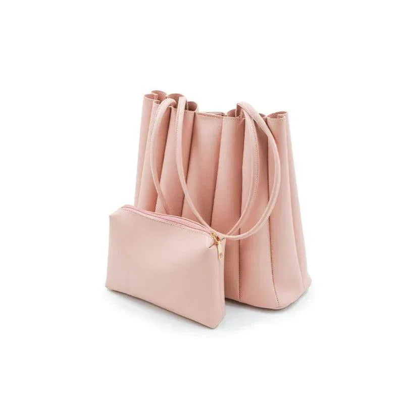 Women's PU Leather Plain Shoulder Bag - Pink | 2 Pcs Set