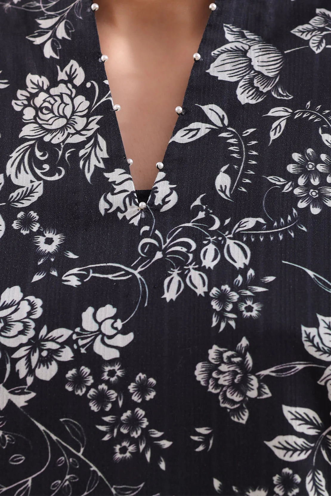 Navy blue dress with white floral pattern