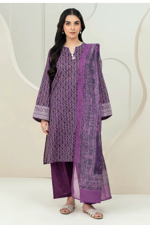 Woman wearing a purple traditional outfit with a matching dupatta against a white background