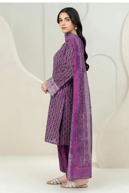 Woman wearing a purple traditional outfit with a matching dupatta against a white background
