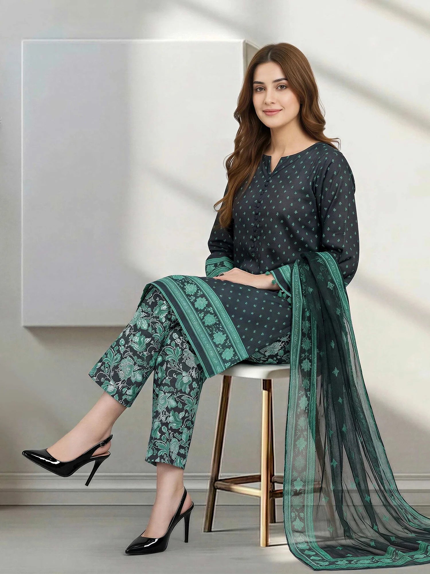 Woman wearing a dark green and teal traditional outfit with a scarf, sitting on a chair.