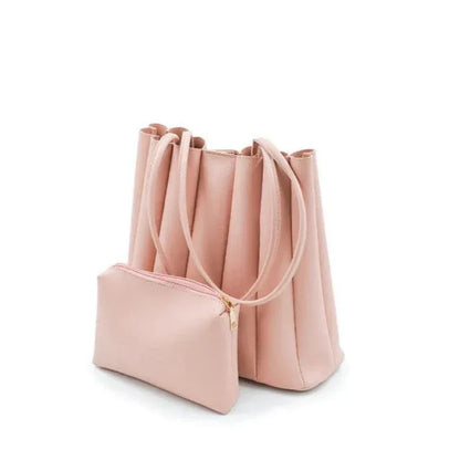 Women's PU Leather Plain Shoulder Bag - Pink | 2 Pcs Set