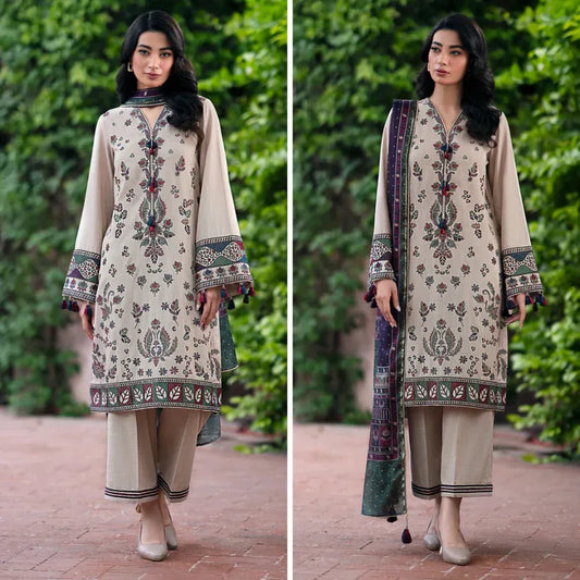 JAZMIN Luxury - 3 Pcs Dhanak Embroidered Suit with Wool Shawl - Lilac | Premium Winter Collection