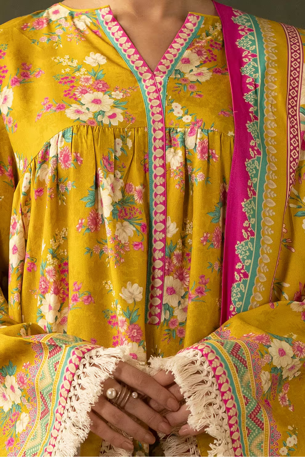 Yellow floral dress with pink and green accents