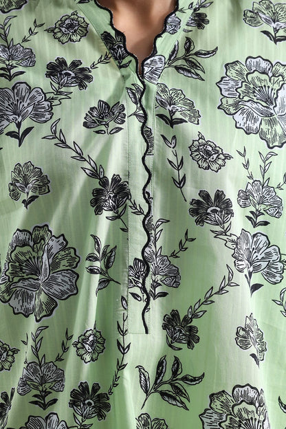 Green fabric with black floral pattern
