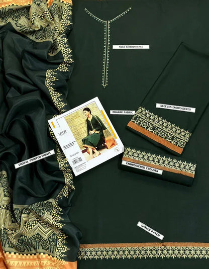 Black traditional outfit with embroidered details and a magazine on a matching fabric background