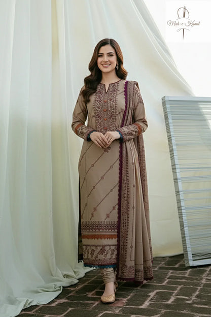 Florent - 3 Pcs Embroidered Dhanak Suit - Ivory | Unstitched Winter Collection