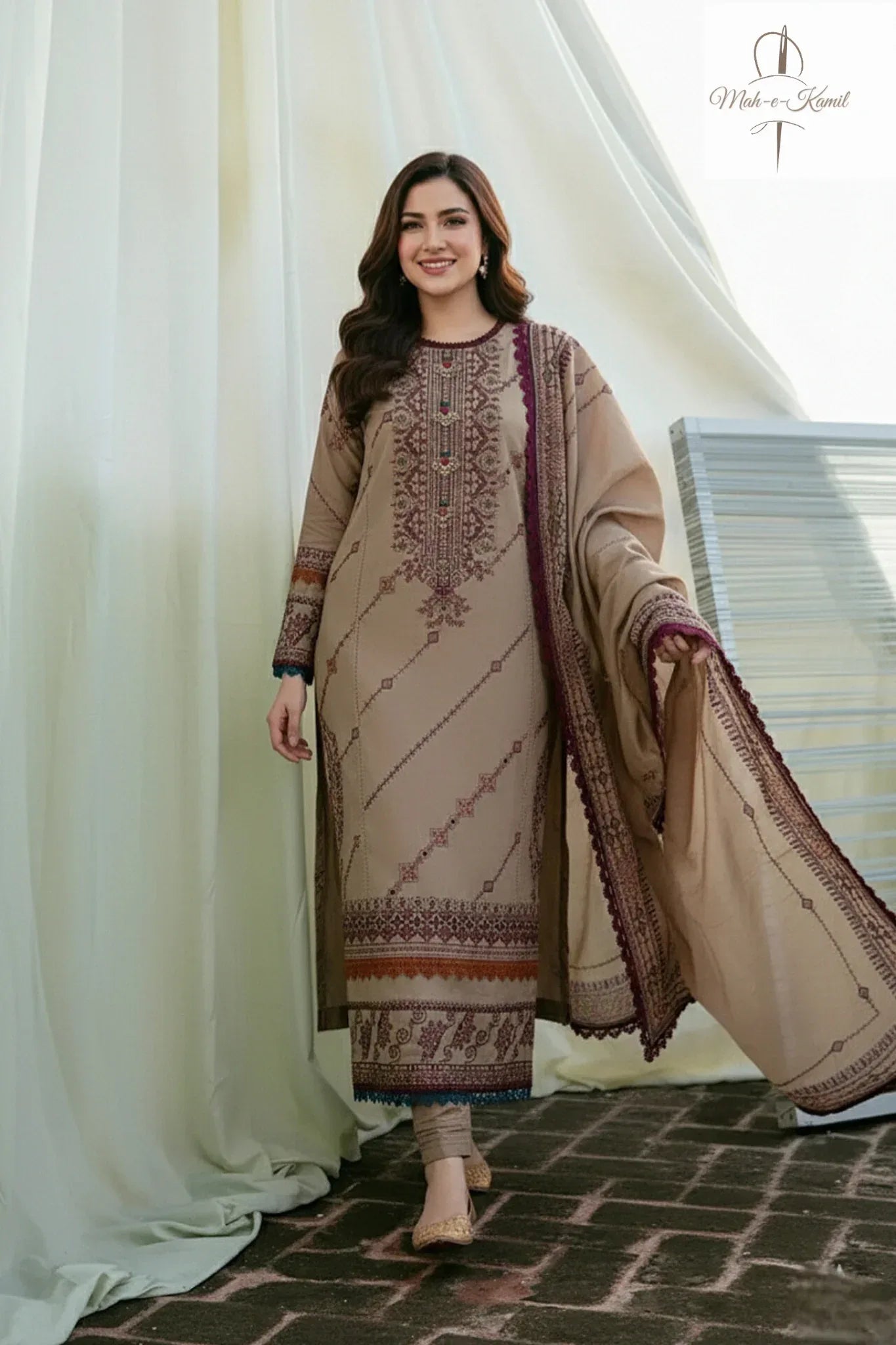 Florent - 3 Pcs Embroidered Dhanak Suit - Ivory | Unstitched Winter Collection